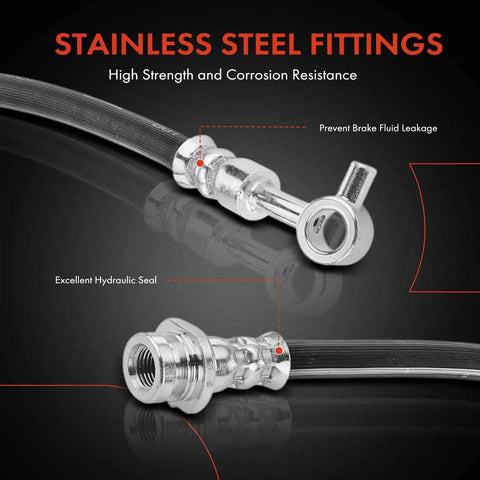 Front Driver And Passenger Brake Hydraulic Hose Kit For Nissan Rogue 2008 To 2014 And Rogue Select 2014 To 2015 Left And Right Pack Of 2 Direct Fit Replacement For Safer Stops And Solid Braking Performance showing stainless steel fittings