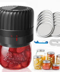 Electric Mason Jar Vacuum Sealer Kit For Wide Mouth And Regular Mouth Jars with lids and USB-C cable, shown sealing jar with fruit.