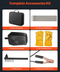 Complete accessories kit for Portable Handheld ARC Welder 20 To 120 Amp with storage bag, helmet, gloves, rods, brush, ground wire.