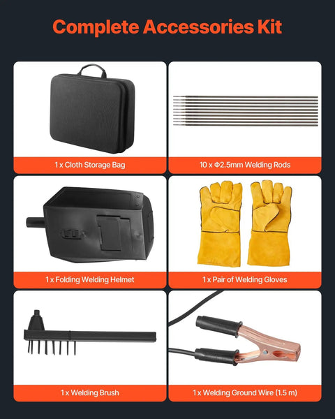 Complete accessories kit for Portable Handheld ARC Welder 20 To 120 Amp with storage bag, helmet, gloves, rods, brush, ground wire.