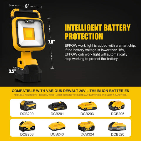 LED Work Light Rechargeable Portable 360 Degree Rotating Flood Lamp 2 COB LEDs 6000LM with dimensions and battery compatibility