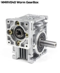 Angled front view of aluminum NMRV040 worm gearbox with protruding output shaft and bolt holes