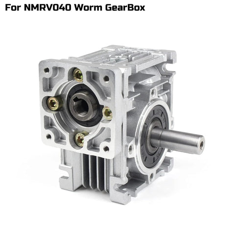 Angled front view of aluminum NMRV040 worm gearbox with protruding output shaft and bolt holes
