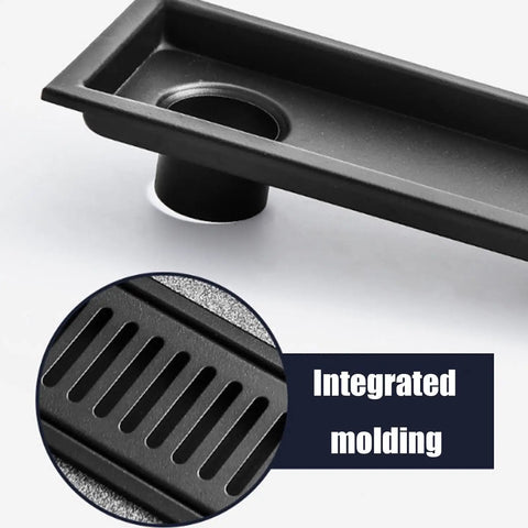 Slick Linear Shower Drain With Removable Grate Cover And Hardcore Hair Strainer For Zero Hassle Bathroom Drainage in black finish, integrated molding detail.