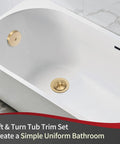 No Sweat Lift Turn Tub Drain Trim Kit With One Hole Overflow Faceplate Brushed Gold in a modern white bathtub.
