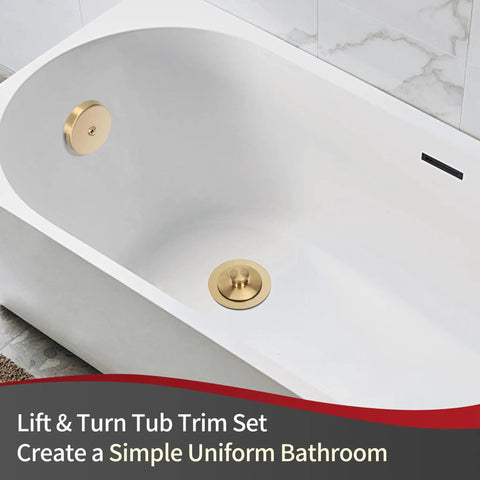 No Sweat Lift Turn Tub Drain Trim Kit With One Hole Overflow Faceplate Brushed Gold in a modern white bathtub.