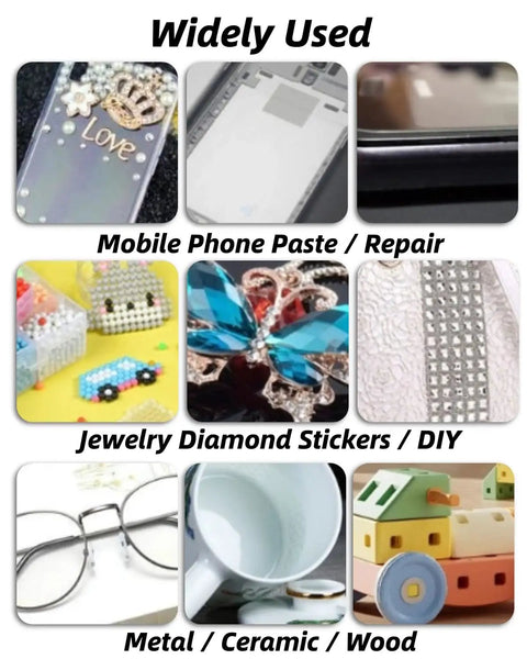 Various applications of Waterproof Flexible Repair Adhesive Glue including phone repair, jewelry making, and craft projects.
