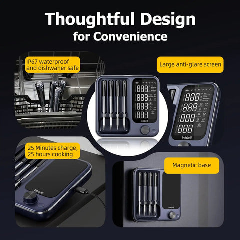 Wireless Meat Thermometer With App Control Four Probes And Unlimited Range features waterproof design and magnetic base.