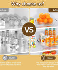 Image comparing cluttered fridge space vs organized using Four Pack Clear Acrylic Lazy Susan Turntable Slick Spin Pantry Organizer For Kitchen Cabinet Spice Rack Vanity Makeup Storage Handles Everyday Clutter Without Any Sweat Or Fuss.