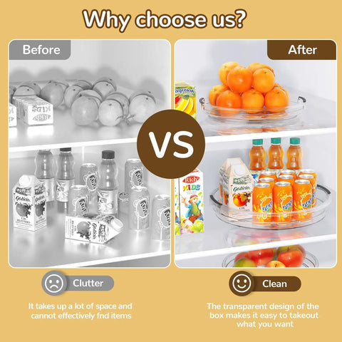Image comparing cluttered fridge space vs organized using Four Pack Clear Acrylic Lazy Susan Turntable Slick Spin Pantry Organizer For Kitchen Cabinet Spice Rack Vanity Makeup Storage Handles Everyday Clutter Without Any Sweat Or Fuss.