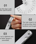 Two-piece steel feeler gauge set with dual metric and imperial scales; close-up of blade markings and tightening nut
