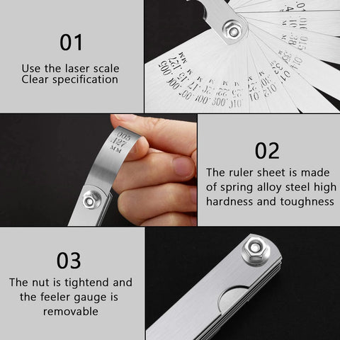 Two-piece steel feeler gauge set with dual metric and imperial scales; close-up of blade markings and tightening nut