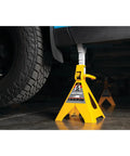 Ratchet Style Jack Stand Set For Lifting Vehicles During Maintenance Heavy Duty 6 Ton Capacity Easy Height Adjustments Yellow Durable Steel Construction For Safe Vehicle Support shown supporting a vehicle.