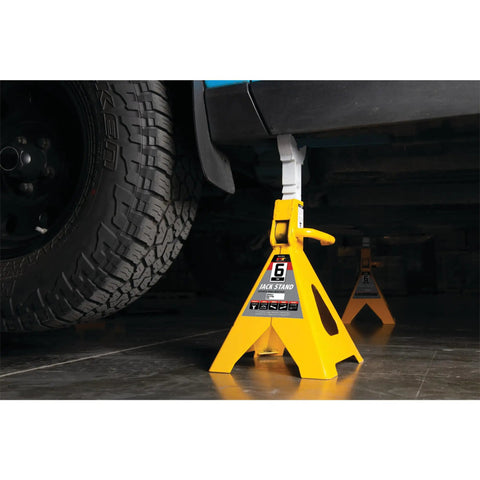 Ratchet Style Jack Stand Set For Lifting Vehicles During Maintenance Heavy Duty 6 Ton Capacity Easy Height Adjustments Yellow Durable Steel Construction For Safe Vehicle Support shown supporting a vehicle.