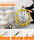 Fiberglass Fish Tape 656 Feet One Quarter Inch Duct Rodder Wire Puller Non Conductive Cable Running Rod With Pro Grade Heavy Duty Steel Reel Stand Minimum Thirteen Inch Bending Radius For Wall And Electrical Conduit Fishing Tool, yellow reel
