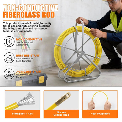 Fiberglass Fish Tape 656 Feet One Quarter Inch Duct Rodder Wire Puller Non Conductive Cable Running Rod With Pro Grade Heavy Duty Steel Reel Stand Minimum Thirteen Inch Bending Radius For Wall And Electrical Conduit Fishing Tool, yellow reel
