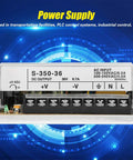 Beefed Up 36V 350W Industrial AC Power Supply For Security Monitoring And PLC Control Systems, Rugged Transformer Type, Compact High Efficiency Unit For Transportation Facilities And Industrial Applications, front view with terminals