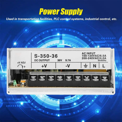 Beefed Up 36V 350W Industrial AC Power Supply For Security Monitoring And PLC Control Systems, Rugged Transformer Type, Compact High Efficiency Unit For Transportation Facilities And Industrial Applications, front view with terminals