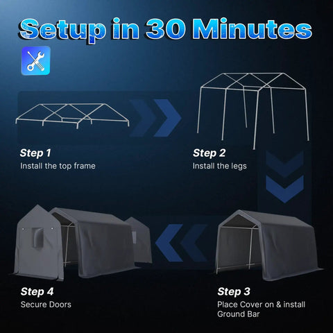 Assembly steps for 8x14 Ft Steel Peak Roof Portable Garage Shelter Carport For Motorcycle Or Bike And Garden Tools With Two Roll Up Doors