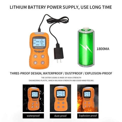 Four In One Portable Gas Detector with Clip Go To Gear Rechargeable Handheld Gas Monitor with lithium battery, charger, and large screen