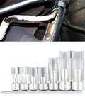 7 Piece Oxygen Sensor Socket Wrench Set And Cr Alloy O2 Removal Tool Kit For Grease Monkey Approved Garage Jobs showcasing sockets on a holder.