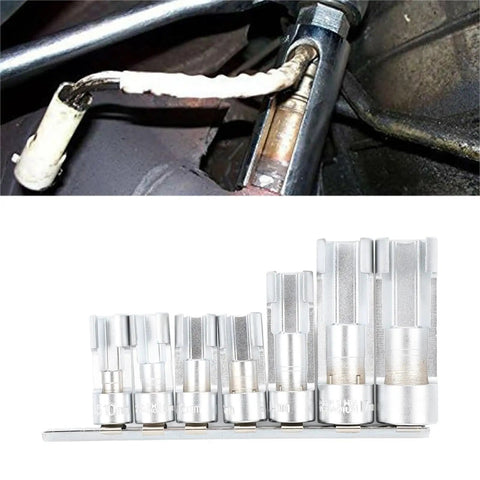 Pro Grade 7 Piece O2 Sensor Socket Set With Cross Hole Design For Rapid Oxygen Sensor Extraction and Straight Shooting Auto Repairs displaying wrenches.