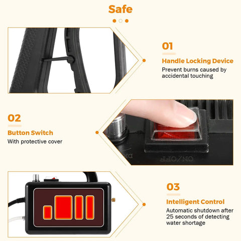 Ultra High Pressure Handheld Steam Cleaner safety features: handle locking, protective button cover, and intelligent control