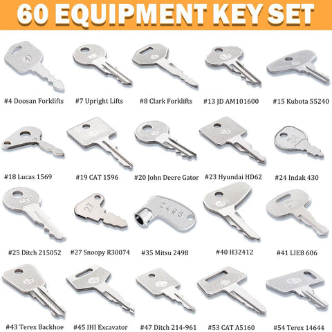 60 Piece Heavy Equipment Keys Master Set For Construction Machinery Pro Grade Ignition Keys Kit For Tractors Loaders Excavators Dozers And More Compatible With Most Major Brand Machines On Site, assorted metal keys