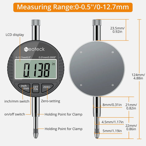 Neoteck digital bore gauge front view with LCD display, black body, 0–0.5 in (0–12.7 mm) range.

Neoteck bore gauge back view with round metal head and measuring stem.