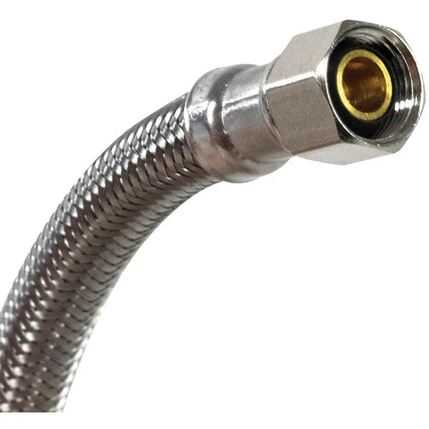 Close-up of Dishwasher Hose With 90 Degree Elbow And PVC Core 6 Feet Long Premium Braided Stainless Steel Water Supply Line connector
