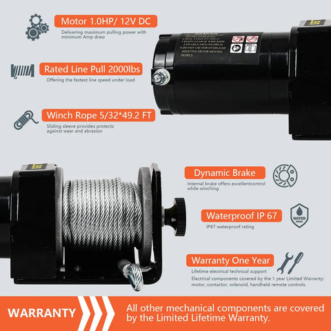 Beefy 2000 Lb Electric Winch For ATVs And UTVs 12V DC Waterproof Steel Rope Winch Kit with specifications display