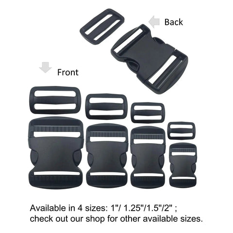 Two Pack One Point Five Inch Flat Side Release Buckles And Tri Glide Slides For Webbing Straps Luggage Pet Collars Backpacks Repair Built To Last Heavy Duty Plastic Quick Release 38mm Compatible