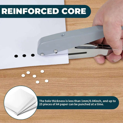 Heavy Duty Handheld Hole Puncher That's Built Tough With 0.12, 0.24, And 0.31 Inch Hole Sizes, 25 Sheet Capacity in use on paper