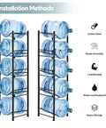Five Gallon Water Jug Holder And Five Tier Heavy Duty Water Cooler Rack With Detachable Stand No Fuss For Easy Assembly Space Saving Vertical Stack Design And Water Bottle Organizer Black, showing two side-by-side racks with 5-gallon jugs, carbon steel material, installation methods, and storage features.