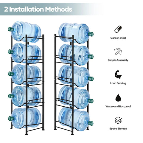 Five Gallon Water Jug Holder And Five Tier Heavy Duty Water Cooler Rack With Detachable Stand No Fuss For Easy Assembly Space Saving Vertical Stack Design And Water Bottle Organizer Black, showing two side-by-side racks with 5-gallon jugs, carbon steel material, installation methods, and storage features.