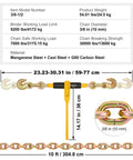 Heavy Duty Chain And Binder Kit For Truck Tie Downs And Hauling, dimensions and material details with G80 Chains