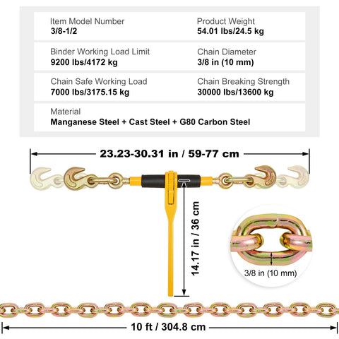 Heavy Duty Chain And Binder Kit For Truck Tie Downs And Hauling, dimensions and material details with G80 Chains