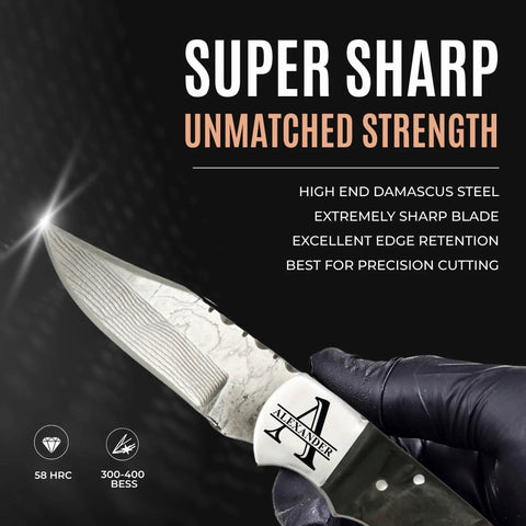 Personalized Sheep Bone Pocket Knife With Engraving For Him Dad Husband Boyfriend And Groomsmen Gifts For Anniversary Birthday Camping Hiking Everyday Carry showing sharp blade and engraved handle