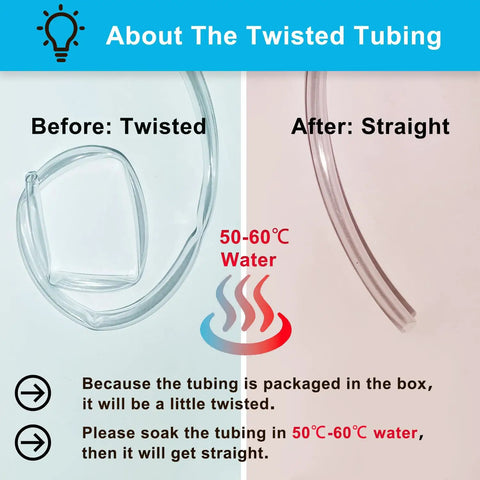 Image showing twisted and straight tubing with instructions for soaking in 50-60°C water to straighten.
