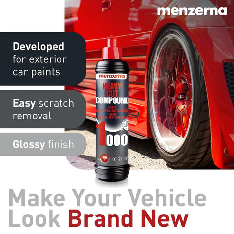 Heavy Cut Polishing Compound For Deep Scratches And Swirls That Removes Sanding Marks Holograms And Fine Defects Silicone Free Buffing Polish For Scratch Repair Professional Grade Car Detailing 8 Fl Oz bottle next to a red car wheel.