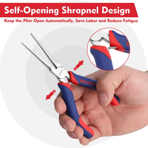 Hand holding 6 Inch Pro Grade Needle Nose Pliers with smooth jaw and comfort grip showing self-opening shrapnel design