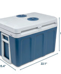 Top Notch 48 Quart Electric Cooler And Warmer With Wheels Grab And Go Thermoelectric Portable Fridge side view with measurements.