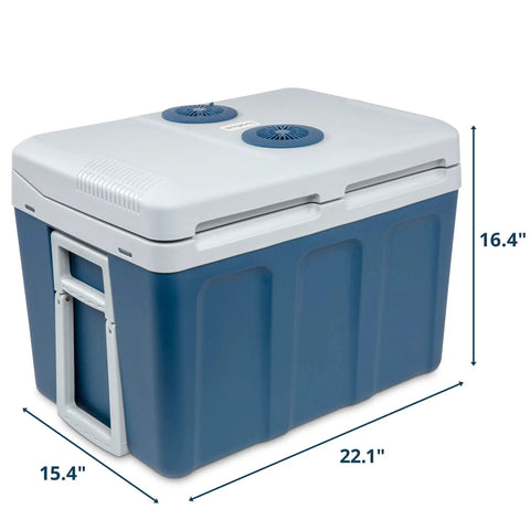 Top Notch 48 Quart Electric Cooler And Warmer With Wheels Grab And Go Thermoelectric Portable Fridge side view with measurements.