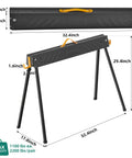 Heavy Duty Folding Saw Horses 2 Pack dimensions and features, portable black support rigs for carpenters with 2200 lbs load capacity.
