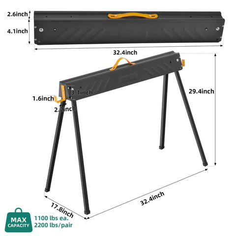 Heavy Duty Folding Saw Horses 2 Pack dimensions and features, portable black support rigs for carpenters with 2200 lbs load capacity.