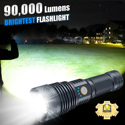 9000 Lumen Rechargeable LED Flashlight Waterproof With 5 Modes Long Battery Life Heavy Duty Aluminum Body Black