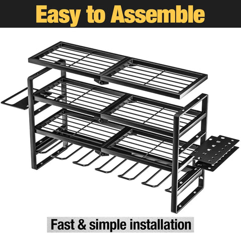 4 Layer Power Tool Organizer Wall Mount with Cordless Drill Hanger Storage Rack and Battery Tools Holder, black steel with 6 slots.