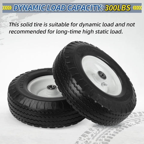 Flat Free Tire And Wheel 4.10 3.50 6 Size For Wheelbarrow And Hand Truck, two-pack showing 300lbs dynamic load capacity