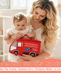 Mother and baby with Plush Firefighter Playset For Babies And Toddlers A 6 Piece Sensory Pretend Play Kit, red fire truck bag visible.