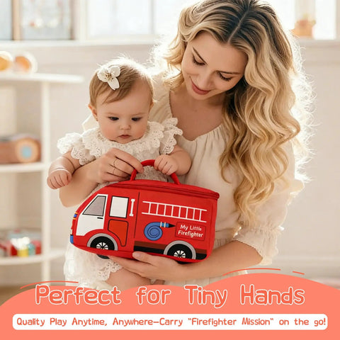 Mother and baby with Plush Firefighter Playset For Babies And Toddlers A 6 Piece Sensory Pretend Play Kit, red fire truck bag visible.